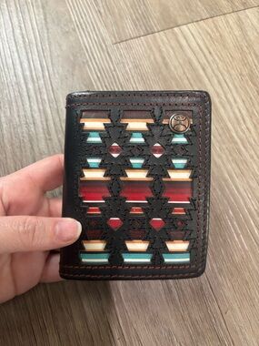 Hooey Black Leather Card Holder with Red, Teal & Cream Southwestern Inlay